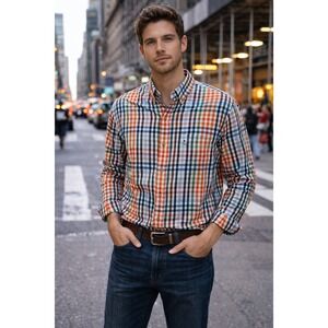 IZOD Classic Fit Preppy Long Sleeve Button Down Shirt Orange Green Plaid Mens L